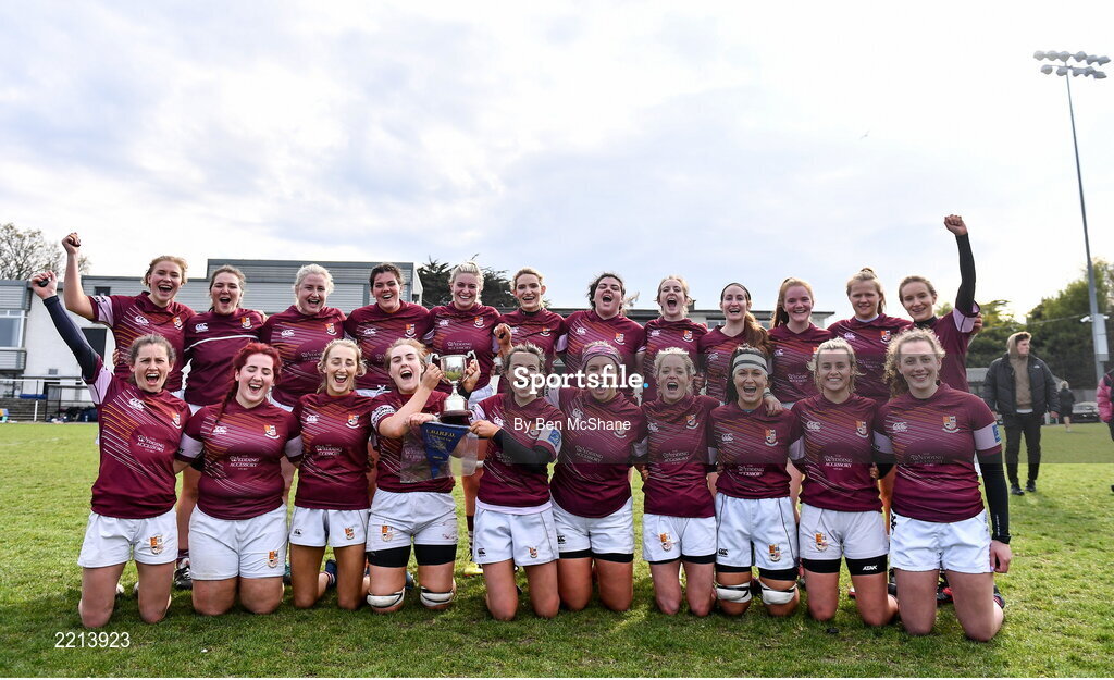 23 April 2022; Tullow RFC players with the cup after their victory in the Paul Flood Cup Final match between BTullamore RFC and Tullow RFC at Ollie Campbell Park, Old Belvedere RFC in Dublin. Photo by Ben McShane/Sportsfile