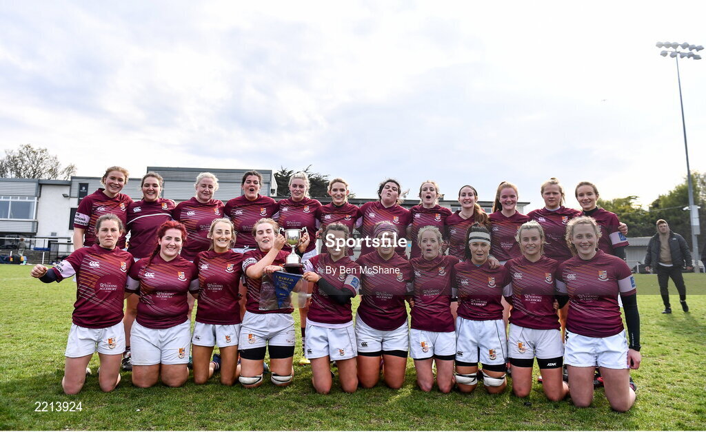 23 April 2022; Tullow RFC players with the cup after their victory in the Paul Flood Cup Final match between BTullamore RFC and Tullow RFC at Ollie Campbell Park, Old Belvedere RFC in Dublin. Photo by Ben McShane/Sportsfile