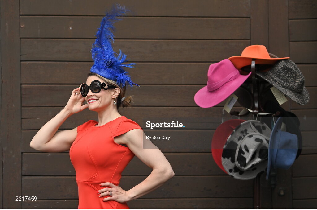 28 April 2022; Racegoer Rachel Scott, from Austin in Texas, USA, on day three of the Punchestown Festival at Punchestown Racecourse in Kildare. Photo by Seb Daly/Sportsfile