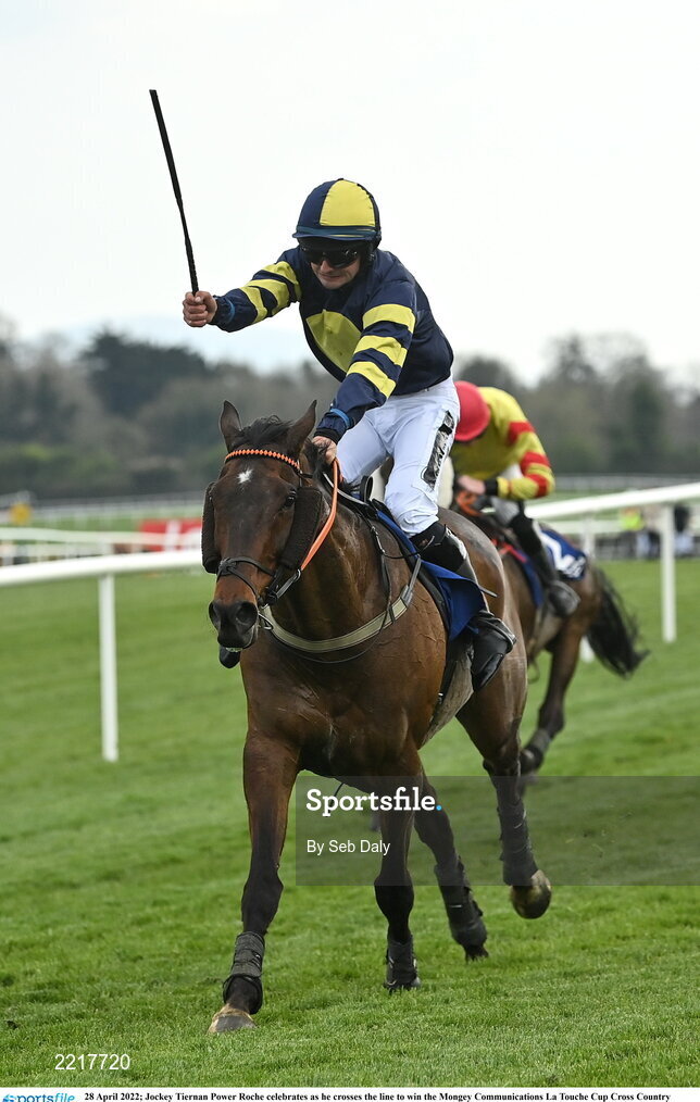 28 April 2022; Jockey Tiernan Power Roche celebrates as he crosses the line to win the Mongey Communications La Touche Cup Cross Country Steeplechase on Ballyboker Bridge during day three of the Punchestown Festival at Punchestown Racecourse in Kildare. Photo by Seb Daly/Sportsfile