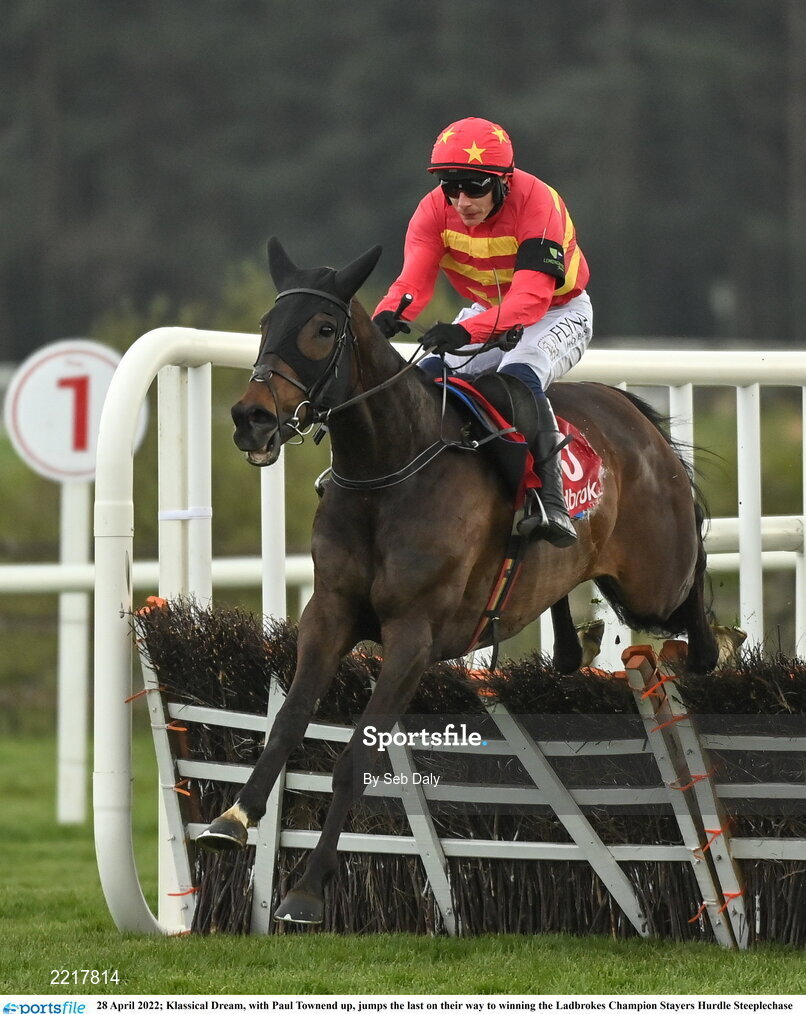 28 April 2022; Klassical Dream, with Paul Townend up, jumps the last on their way to winning the Ladbrokes Champion Stayers Hurdle Steeplechase during day three of the Punchestown Festival at Punchestown Racecourse in Kildare. Photo by Seb Daly/Sportsfile