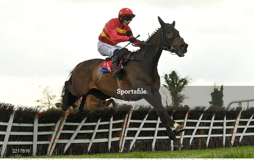 28 April 2022; Klassical Dream, with Paul Townend up, jumps the last on their way to winning the Ladbrokes Champion Stayers Hurdle Steeplechase during day three of the Punchestown Festival at Punchestown Racecourse in Kildare. Photo by Seb Daly/Sportsfile