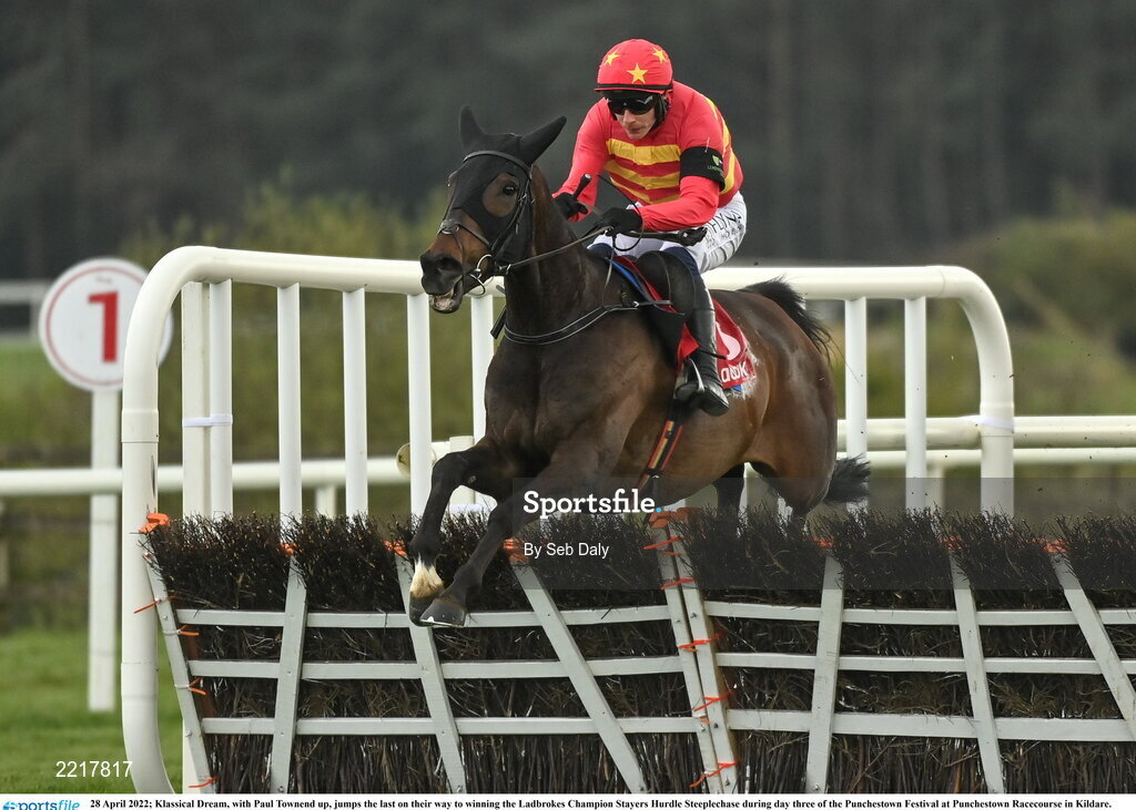 28 April 2022; Klassical Dream, with Paul Townend up, jumps the last on their way to winning the Ladbrokes Champion Stayers Hurdle Steeplechase during day three of the Punchestown Festival at Punchestown Racecourse in Kildare. Photo by Seb Daly/Sportsfile