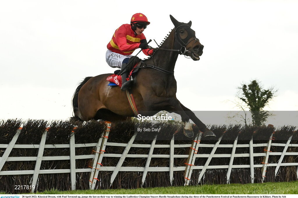 28 April 2022; Klassical Dream, with Paul Townend up, jumps the last on their way to winning the Ladbrokes Champion Stayers Hurdle Steeplechase during day three of the Punchestown Festival at Punchestown Racecourse in Kildare. Photo by Seb Daly/Sportsfile