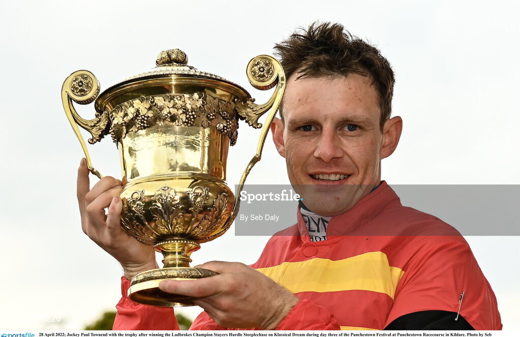 28 April 2022; Jockey Paul Townend with the trophy after winning the Ladbrokes Champion Stayers Hurdle Steeplechase on Klassical Dream during day three of the Punchestown Festival at Punchestown Racecourse in Kildare. Photo by Seb Daly/Sportsfile