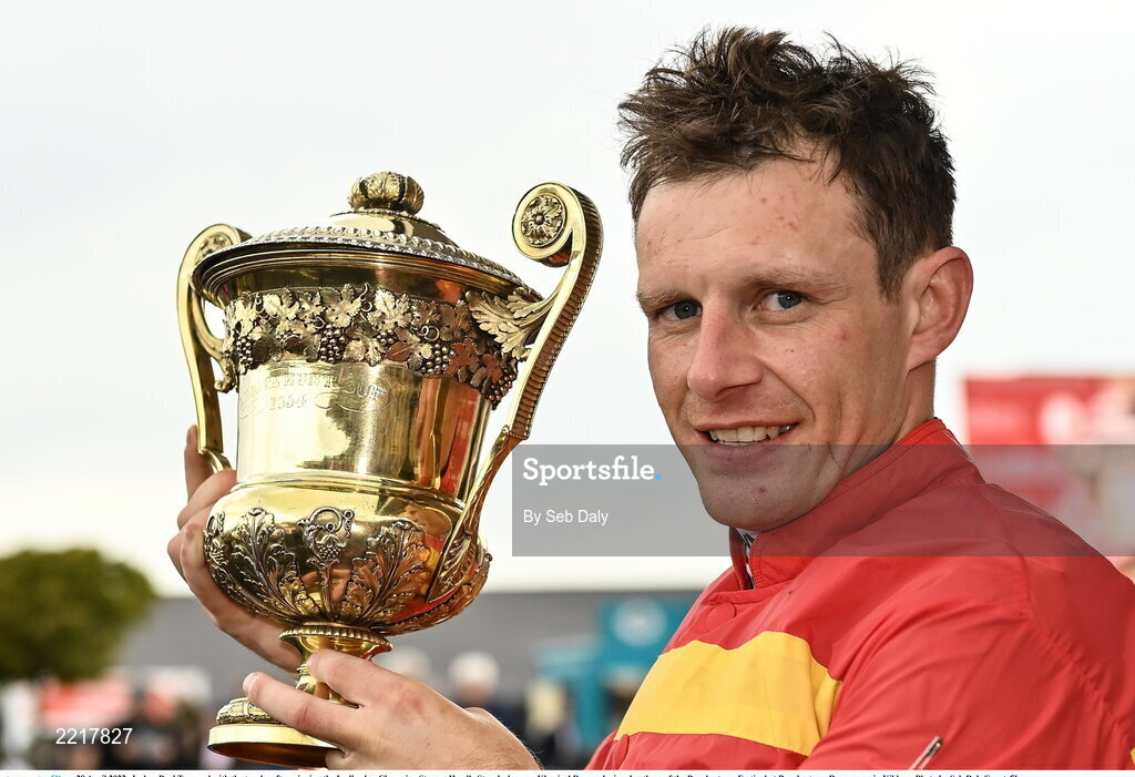 28 April 2022; Jockey Paul Townend with the trophy after winning the Ladbrokes Champion Stayers Hurdle Steeplechase on Klassical Dream during day three of the Punchestown Festival at Punchestown Racecourse in Kildare. Photo by Seb Daly/Sportsfile