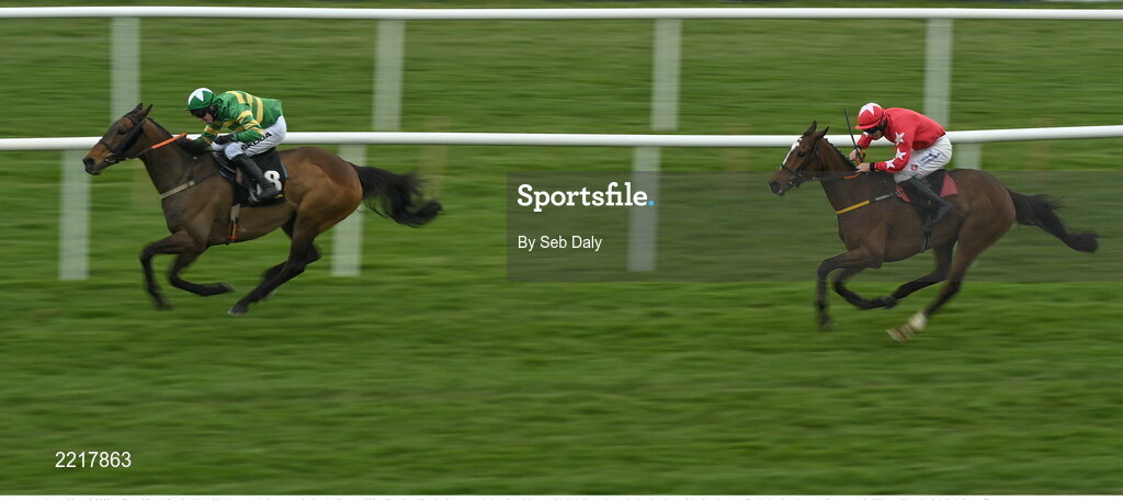 28 April 2022; A Great View, left, with Mark Walsh up, on their way to winning the Conway Piling Handicap Hurdle, from second place Bugs Moran, with Jack Kennedy up, during day three of the Punchestown Festival at Punchestown Racecourse in Kildare. Photo by Seb Daly/Sportsfile