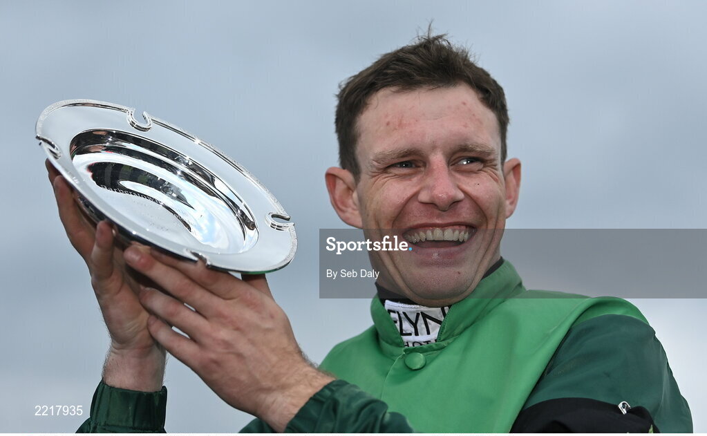 28 April 2022; Jockey Paul Townend with the trophy after winning the Barberstown Castle Novice Steeplechase on Blue Lord during day three of the Punchestown Festival at Punchestown Racecourse in Kildare. Photo by Seb Daly/Sportsfile