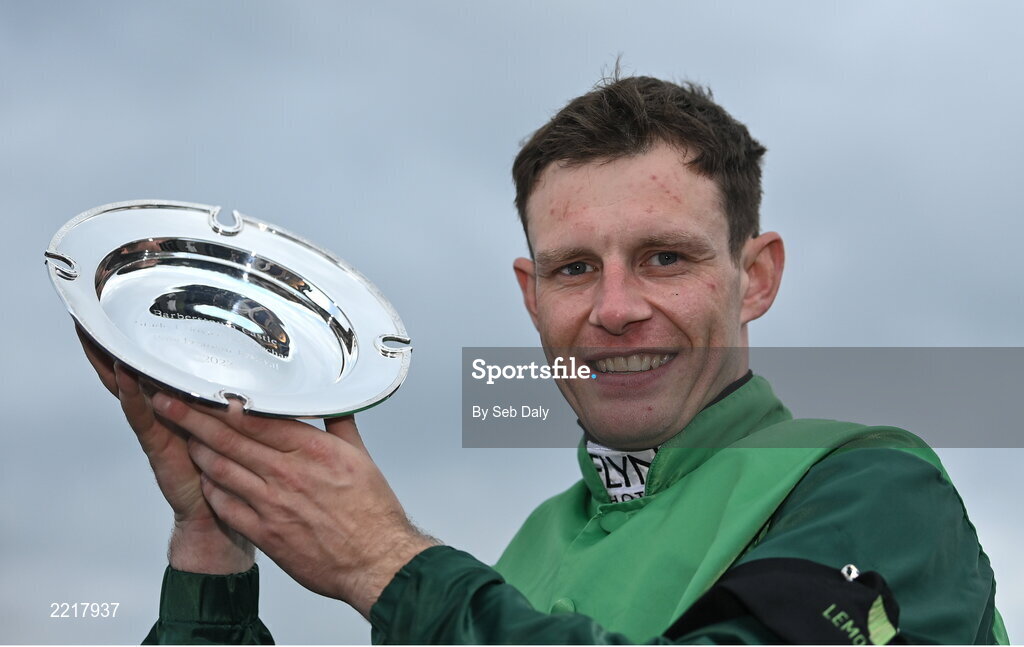 28 April 2022; Jockey Paul Townend with the trophy after winning the Barberstown Castle Novice Steeplechase on Blue Lord during day three of the Punchestown Festival at Punchestown Racecourse in Kildare. Photo by Seb Daly/Sportsfile