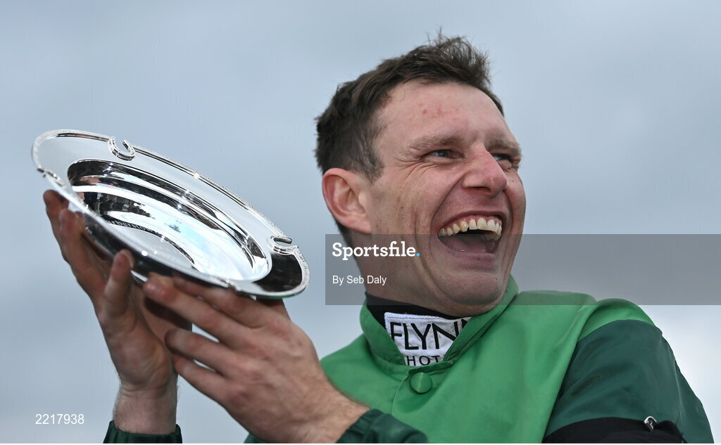 28 April 2022; Jockey Paul Townend with the trophy after winning the Barberstown Castle Novice Steeplechase on Blue Lord during day three of the Punchestown Festival at Punchestown Racecourse in Kildare. Photo by Seb Daly/Sportsfile