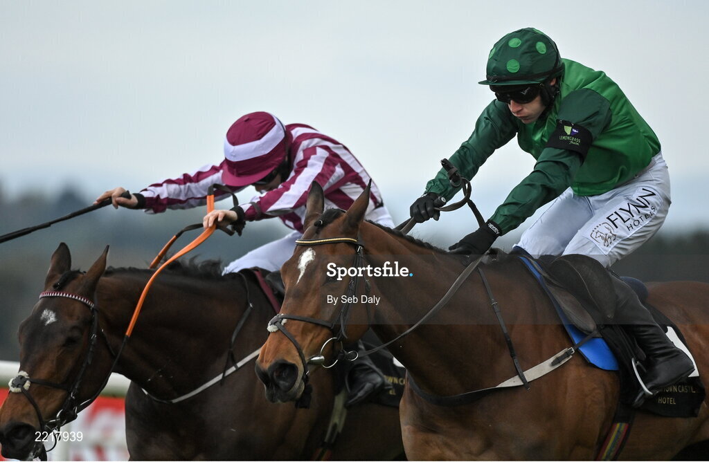 28 April 2022; Blue Lord, right, with Paul Townend up, on their way to winning the Barberstown Castle Novice Steeplechase, from second place Coeur Sublime, left, with Rachael Blackmore up, during day three of the Punchestown Festival at Punchestown Racecourse in Kildare. Photo by Seb Daly/Sportsfile