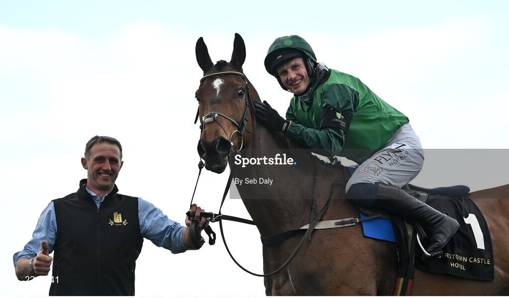 28 April 2022; Jockey Paul Townend and groom David Porter celebrate after winning the Barberstown Castle Novice Steeplechase with Blue Lord during day three of the Punchestown Festival at Punchestown Racecourse in Kildare. Photo by Seb Daly/Sportsfile