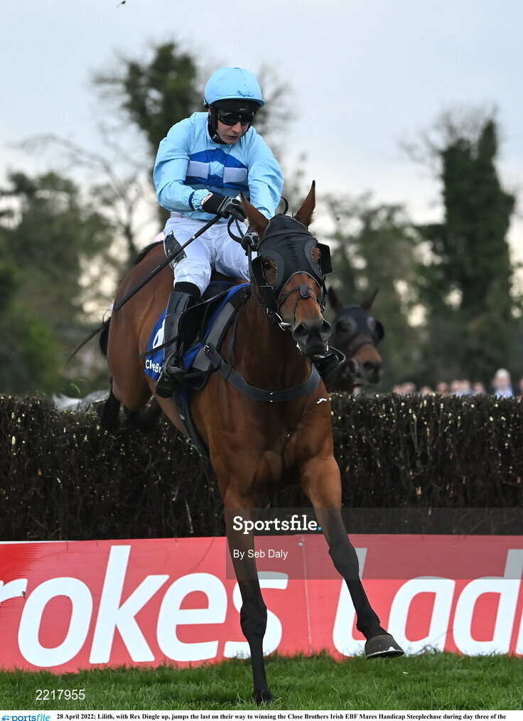 28 April 2022; Lilith, with Rex Dingle up, jumps the last on their way to winning the Close Brothers Irish EBF Mares Handicap Steeplechase during day three of the Punchestown Festival at Punchestown Racecourse in Kildare. Photo by Seb Daly/Sportsfile