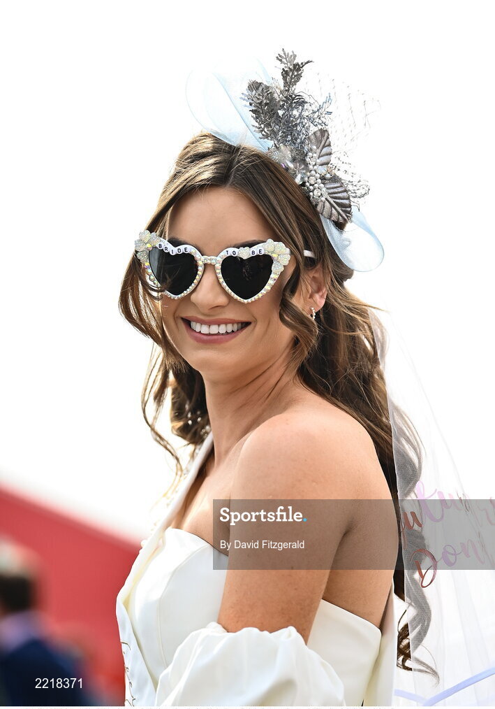 29 April 2022; Bride to be Kate O'Mahony from Lucan, Dublin prior to racing on day four of the Punchestown Festival at Punchestown Racecourse in Kildare. Photo by David Fitzgerald/Sportsfile