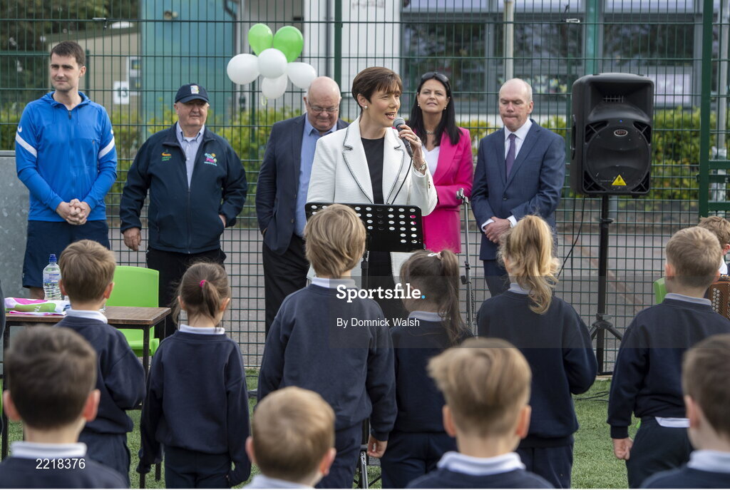 29 April 2022; Minister for Education Norma Foley TD, speaking during a visit to Nagle Rice Primary School, Ballyoughtragh North in Kerry, while visiting local schools to support children taking part in ‘the Daily Mile'. Photo by Domnick Walsh/Sportsfile