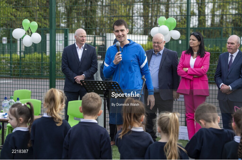29 April 2022; Minister of State for Sport and the Gaeltacht Jack Chambers TD, speaking during a visit to Nagle Rice Primary School, Ballyoughtragh North in Kerry, while visiting local schools to support children taking part in ‘the Daily Mile'. Photo by Domnick Walsh/Sportsfile
