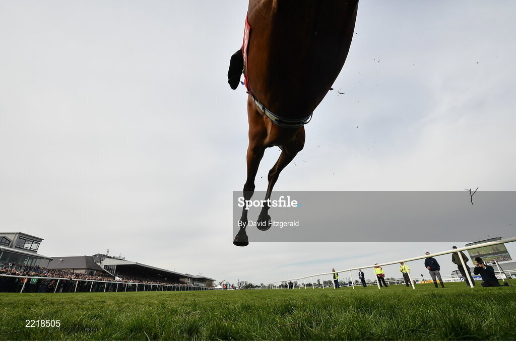 29 April 2022; Scarlet And Dove, with Bryan Cooper up, jumps the last on their way to winning the Hanlon Concrete Irish EBF Glencarraig Lady Francis Flood Mares Steeplechase during day four of the Punchestown Festival at Punchestown Racecourse in Kildare. Photo by David Fitzgerald/Sportsfile