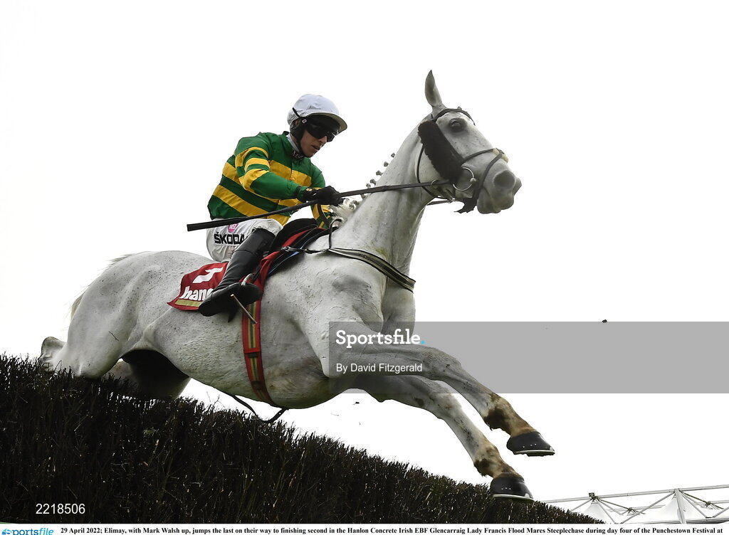29 April 2022; Elimay, with Mark Walsh up, jumps the last on their way to finishing second in the Hanlon Concrete Irish EBF Glencarraig Lady Francis Flood Mares Steeplechase during day four of the Punchestown Festival at Punchestown Racecourse in Kildare. Photo by David Fitzgerald/Sportsfile