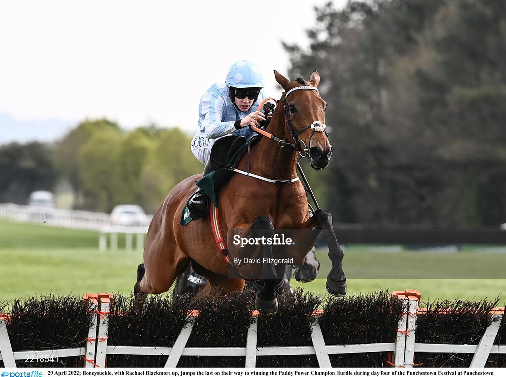 29 April 2022; Honeysuckle, with Rachael Blackmore up, jumps the last on their way to winning the Paddy Power Champion Hurdle during day four of the Punchestown Festival at Punchestown Racecourse in Kildare. Photo by David Fitzgerald/Sportsfile