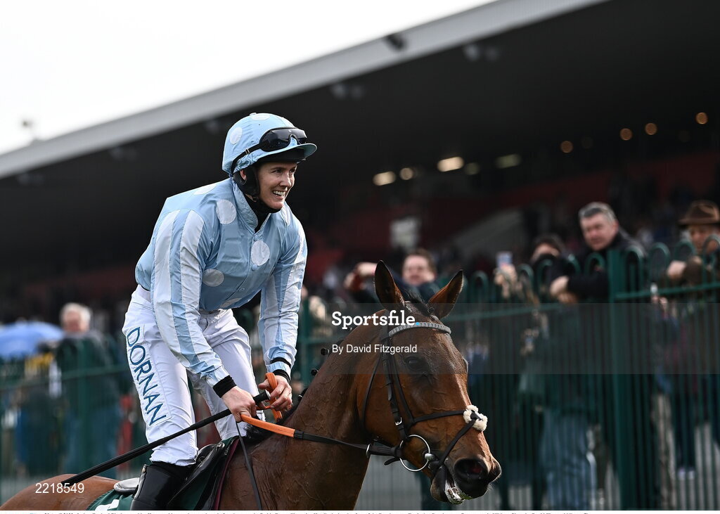 29 April 2022; Jockey Rachael Blackmore rides Honeysuckle past the grandstand after they won the Paddy Power Champion Hurdle during day four of the Punchestown Festival at Punchestown Racecourse in Kildare. Photo by David Fitzgerald/Sportsfile