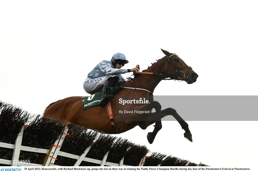 29 April 2022; Honeysuckle, with Rachael Blackmore up, jumps the last on their way to winning the Paddy Power Champion Hurdle during day four of the Punchestown Festival at Punchestown Racecourse in Kildare. Photo by David Fitzgerald/Sportsfile