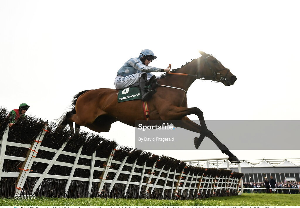 29 April 2022; Honeysuckle, with Rachael Blackmore up, jumps the last on their way to winning the Paddy Power Champion Hurdle during day four of the Punchestown Festival at Punchestown Racecourse in Kildare. Photo by David Fitzgerald/Sportsfile