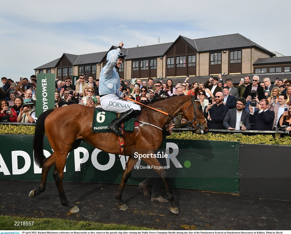 29 April 2022; Rachael Blackmore celebrates on Honeysuckle as they return to the parade ring after winning the Paddy Power Champion Hurdle during day four of the Punchestown Festival at Punchestown Racecourse in Kildare. Photo by David Fitzgerald/Sportsfile