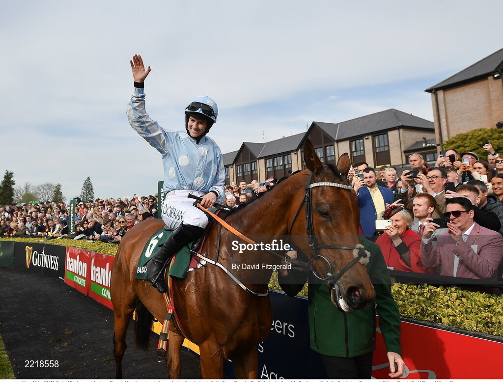 29 April 2022; Rachael Blackmore celebrates on Honeysuckle as they return to the parade ring after winning the Paddy Power Champion Hurdle during day four of the Punchestown Festival at Punchestown Racecourse in Kildare. Photo by David Fitzgerald/Sportsfile
