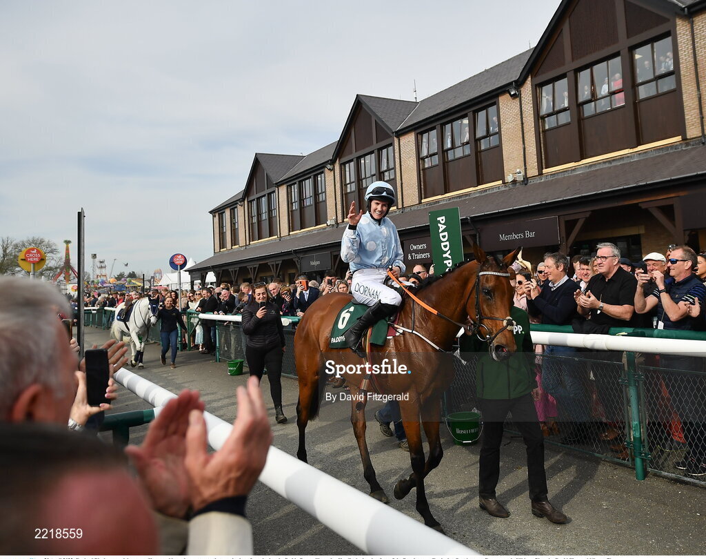 29 April 2022; Rachael Blackmore celebrates on Honeysuckle as they return to the parade ring after winning the Paddy Power Champion Hurdle during day four of the Punchestown Festival at Punchestown Racecourse in Kildare. Photo by David Fitzgerald/Sportsfile