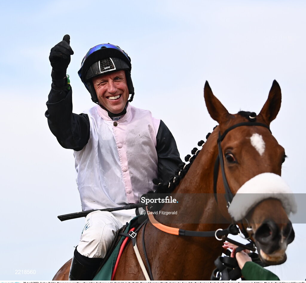 29 April 2022; Jockey Robbie Power waves goodbye after riding Teahupoo as his final ride in the Paddy Power Champion Hurdle during day four of the Punchestown Festival at Punchestown Racecourse in Kildare. Photo by David Fitzgerald/Sportsfile
