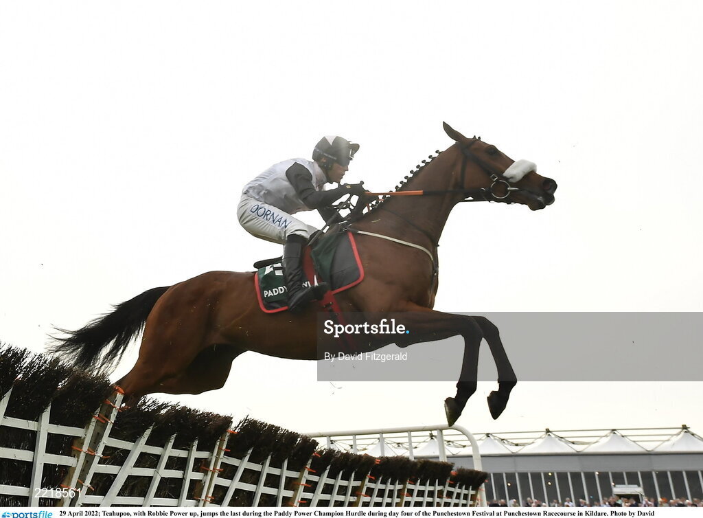 29 April 2022; Teahupoo, with Robbie Power up, jumps the last during the Paddy Power Champion Hurdle during day four of the Punchestown Festival at Punchestown Racecourse in Kildare. Photo by David Fitzgerald/Sportsfile