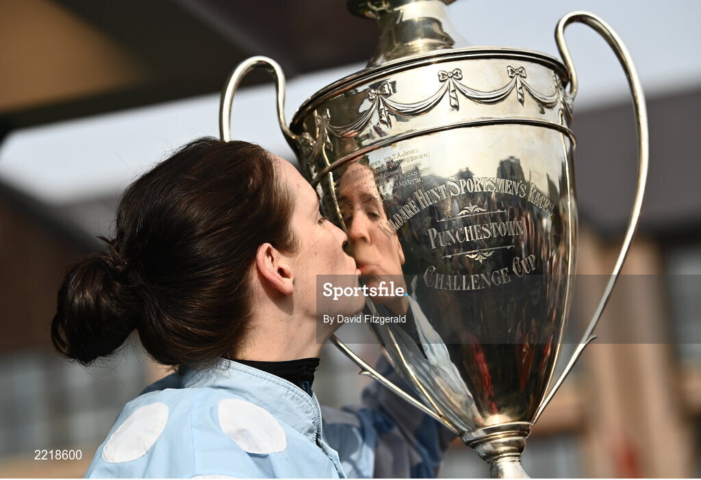 29 April 2022; Rachael Blackmore celebrates with the cup after riding Honeysuckle to victory in the Paddy Power Champion Hurdle during day four of the Punchestown Festival at Punchestown Racecourse in Kildare. Photo by David Fitzgerald/Sportsfile