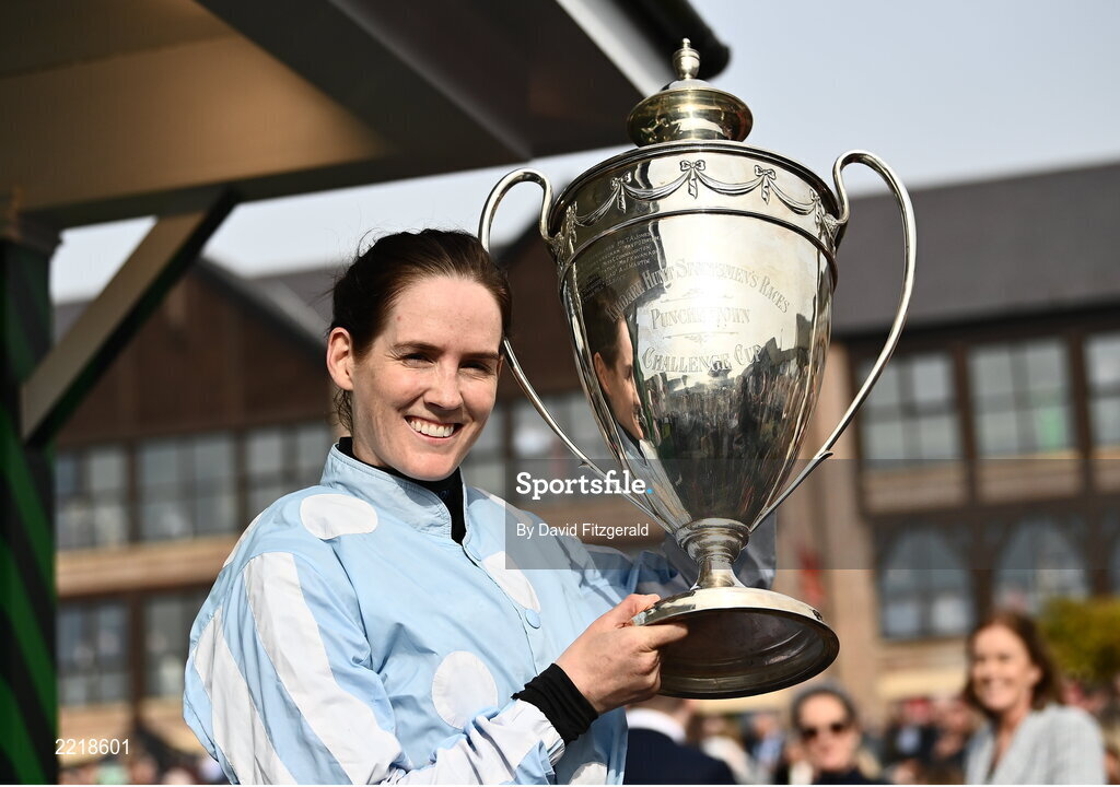29 April 2022; Rachael Blackmore celebrates with the cup after riding Honeysuckle to victory in the Paddy Power Champion Hurdle during day four of the Punchestown Festival at Punchestown Racecourse in Kildare. Photo by David Fitzgerald/Sportsfile