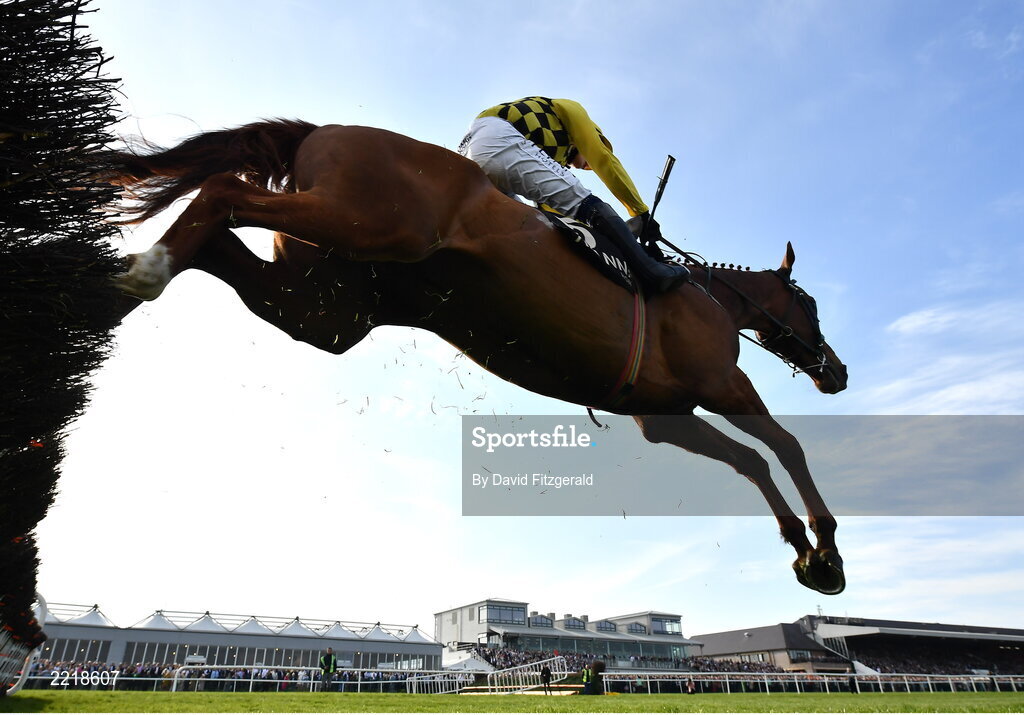 29 April 2022; State Man, with Paul Townend up, jumps the last on their way to winning the Irish Daily Star Champion Hunters Steeplechase during day four of the Punchestown Festival at Punchestown Racecourse in Kildare. Photo by David Fitzgerald/Sportsfile