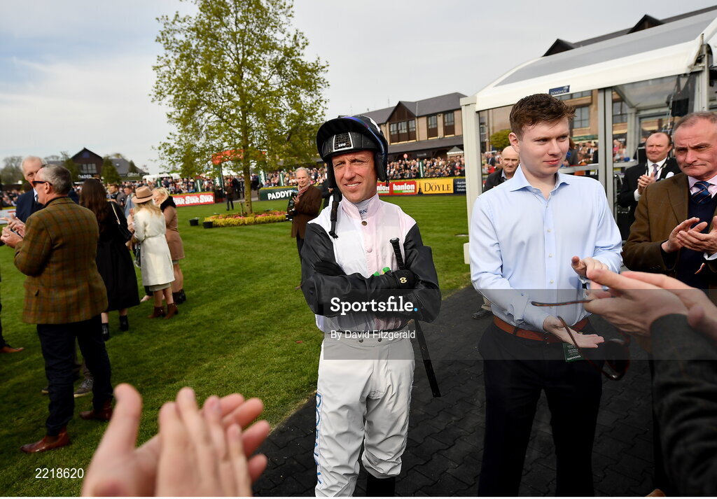 29 April 2022; Jockey Robbie Power is given a round of applause before his final ride in the Paddy Power Champion Hurdle during day four of the Punchestown Festival at Punchestown Racecourse in Kildare. Photo by David Fitzgerald/Sportsfile