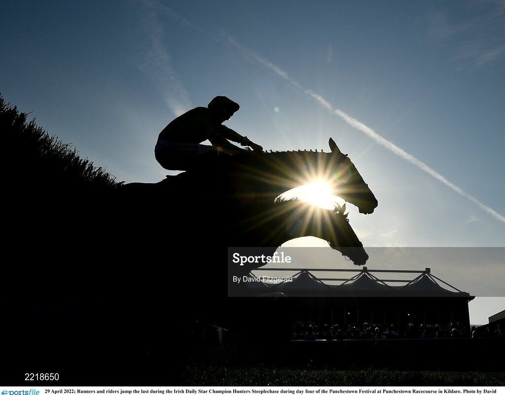 29 April 2022; Runners and riders jump the last during the Irish Daily Star Champion Hunters Steeplechase during day four of the Punchestown Festival at Punchestown Racecourse in Kildare. Photo by David Fitzgerald/Sportsfile