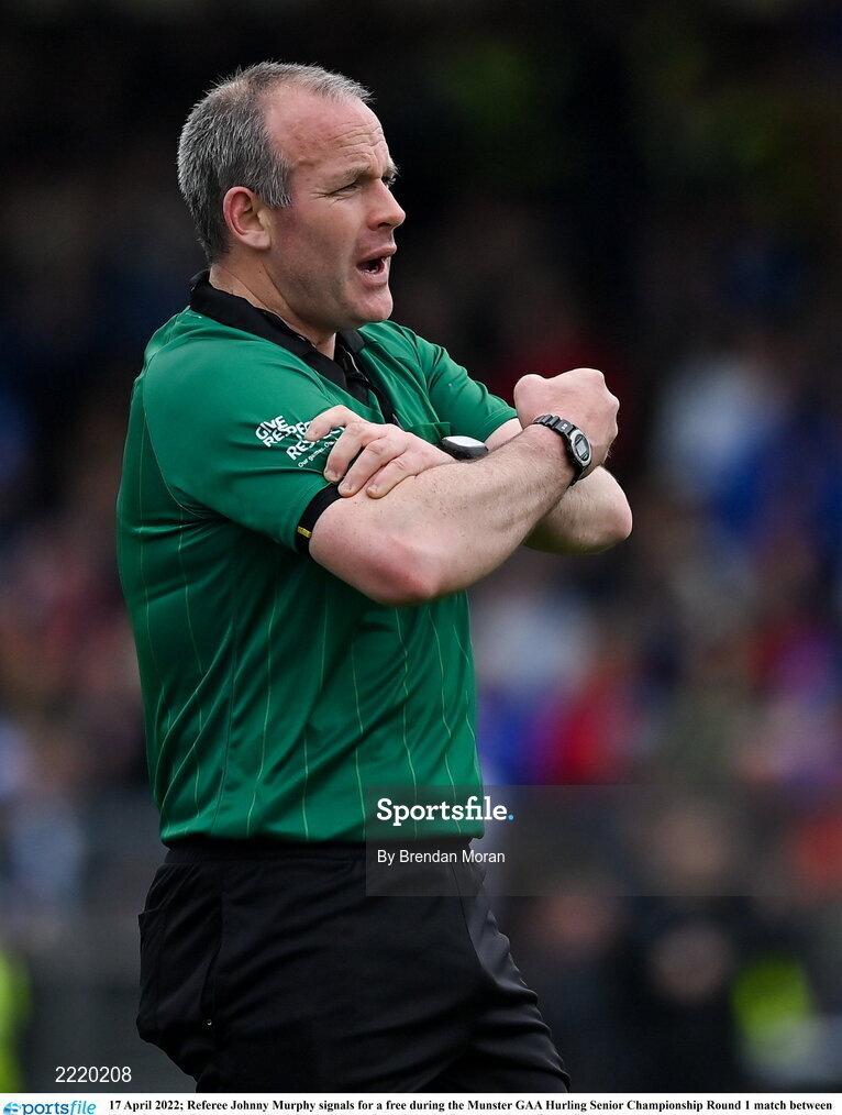 17 April 2022; Referee Johnny Murphy signals for a free during the Munster GAA Hurling Senior Championship Round 1 match between Waterford and Tipperary at Walsh Park in Waterford. Photo by Brendan Moran/Sportsfile
