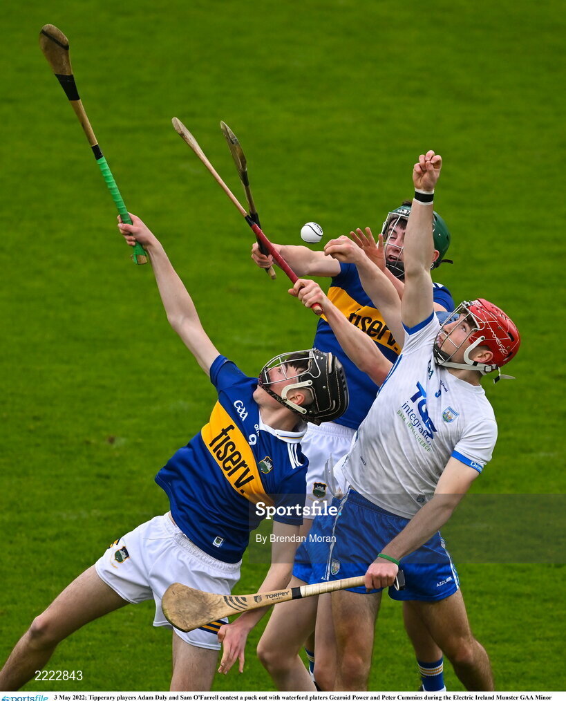 3 May 2022; Tipperary players Adam Daly and Sam O'Farrell contest a puck out with waterford platers Gearoid Power and Peter Cummins during the Electric Ireland Munster GAA Minor Hurling Championship Semi-Final match between Tipperary and Waterford at FBD Semple Stadium in Thurles, Tipperary. Photo by Brendan Moran/Sportsfile