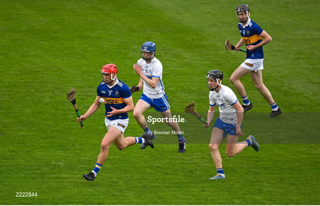 3 May 2022; Jack O'Callaghan of Tipperary in action against Sean Mackey and Michael Morrissey of Waterford during the Electric Ireland Munster GAA Minor Hurling Championship Semi-Final match between Tipperary and Waterford at FBD Semple Stadium in Thurles, Tipperary. Photo by Brendan Moran/Sportsfile
