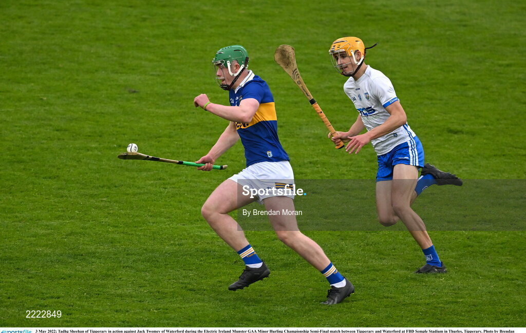 3 May 2022; Tadhg Sheehan of Tipperary in action against Jack Twomey of Waterford during the Electric Ireland Munster GAA Minor Hurling Championship Semi-Final match between Tipperary and Waterford at FBD Semple Stadium in Thurles, Tipperary. Photo by Brendan Moran/Sportsfile