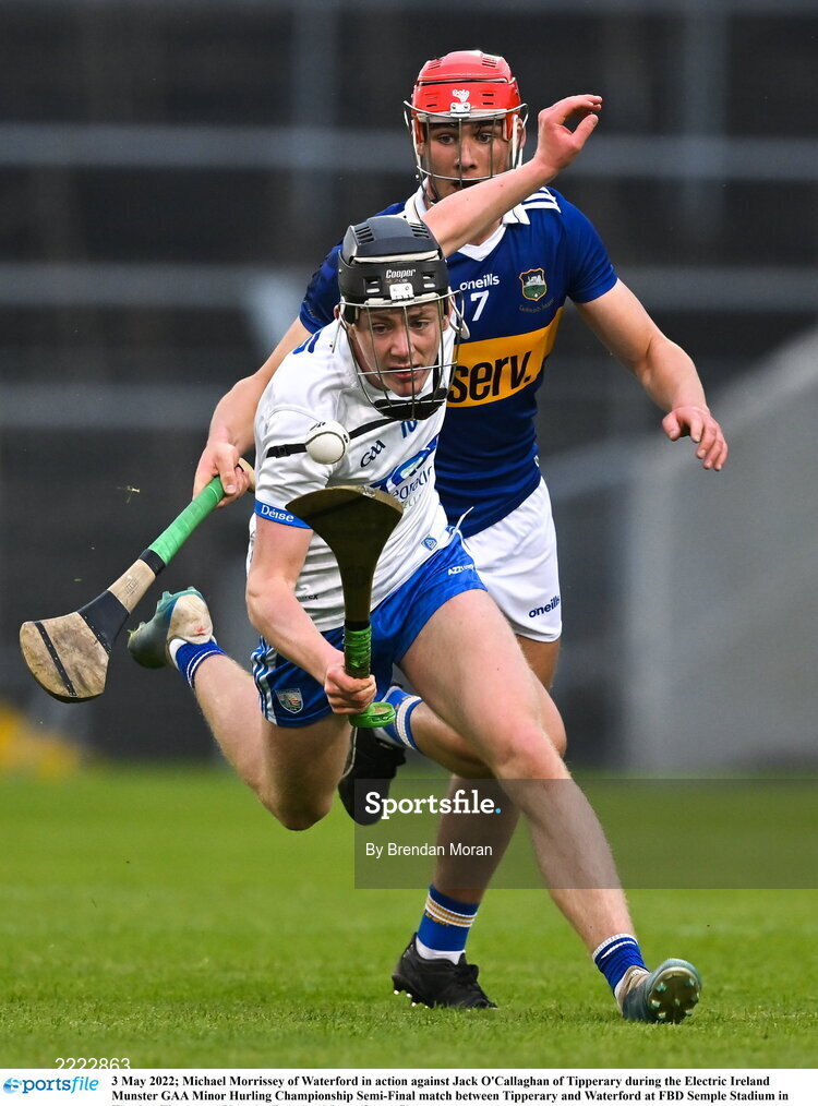 3 May 2022; Michael Morrissey of Waterford in action against Jack O'Callaghan of Tipperary during the Electric Ireland Munster GAA Minor Hurling Championship Semi-Final match between Tipperary and Waterford at FBD Semple Stadium in Thurles, Tipperary. Photo by Brendan Moran/Sportsfile