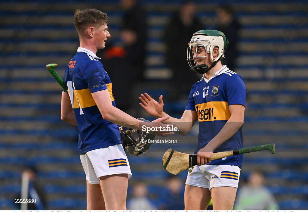 3 May 2022; Joe Egan, left, and Tom Delaney of Tipperary celebrate after the Electric Ireland Munster GAA Minor Hurling Championship Semi-Final match between Tipperary and Waterford at FBD Semple Stadium in Thurles, Tipperary. Photo by Brendan Moran/Sportsfile