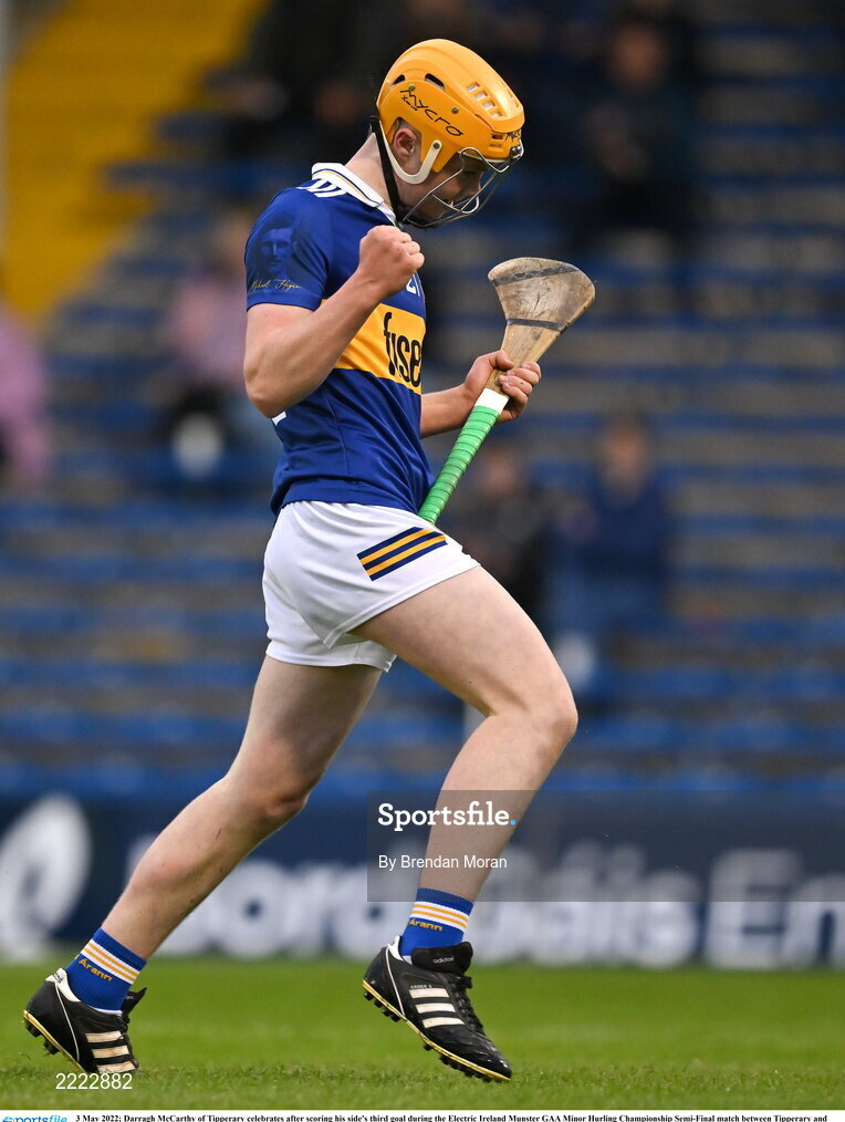 3 May 2022; Darragh McCarthy of Tipperary celebrates after scoring his side's third goal during the Electric Ireland Munster GAA Minor Hurling Championship Semi-Final match between Tipperary and Waterford at FBD Semple Stadium in Thurles, Tipperary. Photo by Brendan Moran/Sportsfile