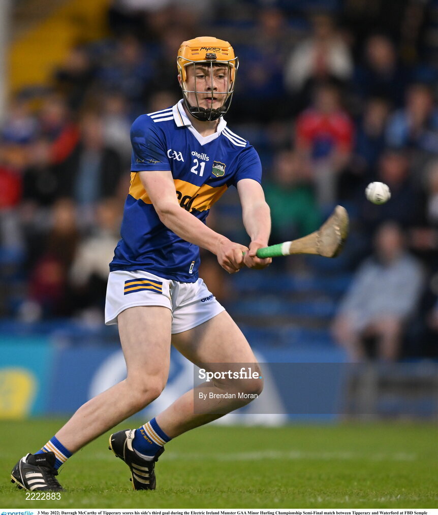 3 May 2022; Darragh McCarthy of Tipperary scores his side's third goal during the Electric Ireland Munster GAA Minor Hurling Championship Semi-Final match between Tipperary and Waterford at FBD Semple Stadium in Thurles, Tipperary. Photo by Brendan Moran/Sportsfile