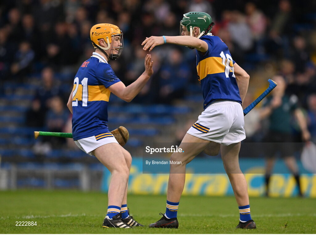 3 May 2022; Jack Hayes of Tipperary, right, celebrates with teammate Darragh McCarthy after scoring their side's second goal during the Electric Ireland Munster GAA Minor Hurling Championship Semi-Final match between Tipperary and Waterford at FBD Semple Stadium in Thurles, Tipperary. Photo by Brendan Moran/Sportsfile