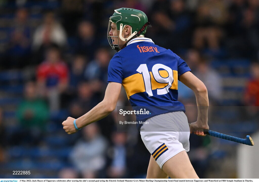 3 May 2022; Jack Hayes of Tipperary celebrates after scoring his side's second goal during the Electric Ireland Munster GAA Minor Hurling Championship Semi-Final match between Tipperary and Waterford at FBD Semple Stadium in Thurles, Tipperary. Photo by Brendan Moran/Sportsfile