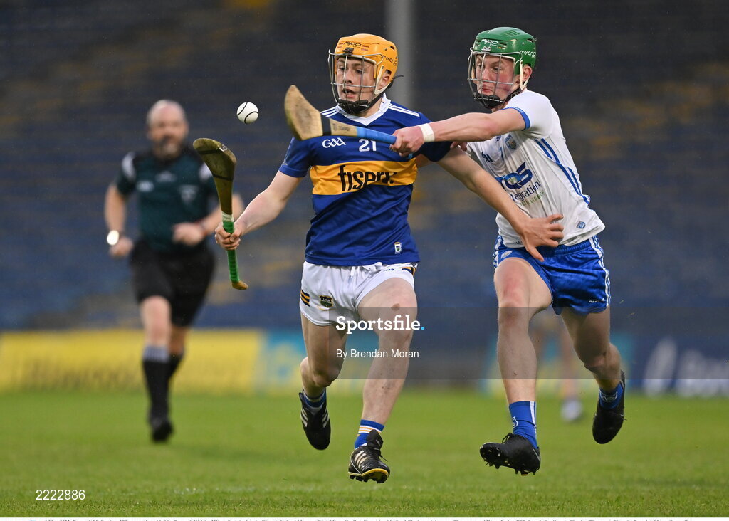 3 May 2022; Darragh McCarthy of Tipperary is tackled by Darragh Walsh of Waterford during the Electric Ireland Munster GAA Minor Hurling Championship Semi-Final match between Tipperary and Waterford at FBD Semple Stadium in Thurles, Tipperary. Photo by Brendan Moran/Sportsfile