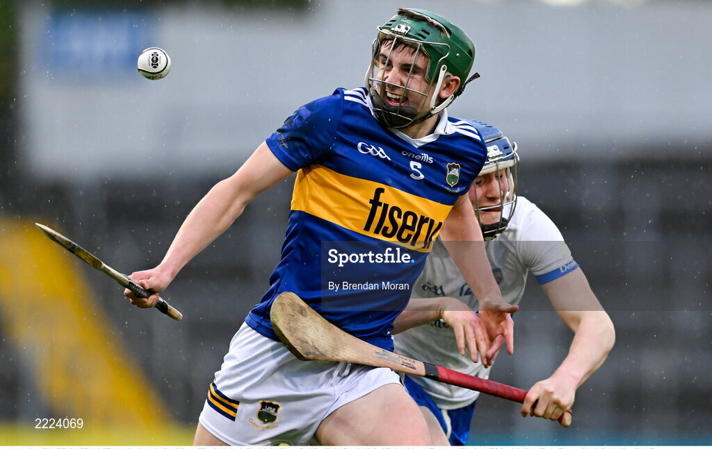 3 May 2022; Sam O'Farrell of Tipperary in action against Gearoid Power of Waterford during the Electric Ireland Munster GAA Minor Hurling Championship Semi-Final match between Tipperary and Waterford at FBD Semple Stadium in Thurles, Tipperary. Photo by Brendan Moran/Sportsfile
