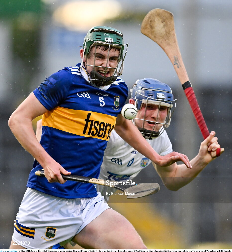 3 May 2022; Sam O'Farrell of Tipperary in action against Gearoid Power of Waterford during the Electric Ireland Munster GAA Minor Hurling Championship Semi-Final match between Tipperary and Waterford at FBD Semple Stadium in Thurles, Tipperary. Photo by Brendan Moran/Sportsfile