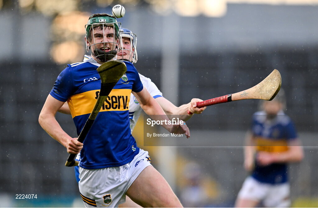 3 May 2022; Sam O'Farrell of Tipperary in action against Gearoid Power of Waterford during the Electric Ireland Munster GAA Minor Hurling Championship Semi-Final match between Tipperary and Waterford at FBD Semple Stadium in Thurles, Tipperary. Photo by Brendan Moran/Sportsfile